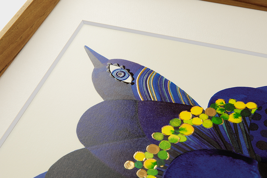 Kanae Kouno 「Bird on blue flower」 A3 アートポスター CWプリント 〔アート タッチ〕